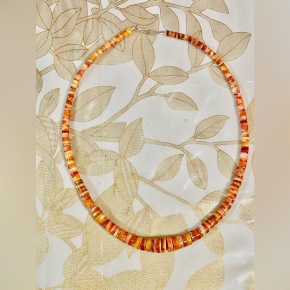 Southwestorange spiny oyster heishi beads Graduated necklace Sterling Clasp 16
